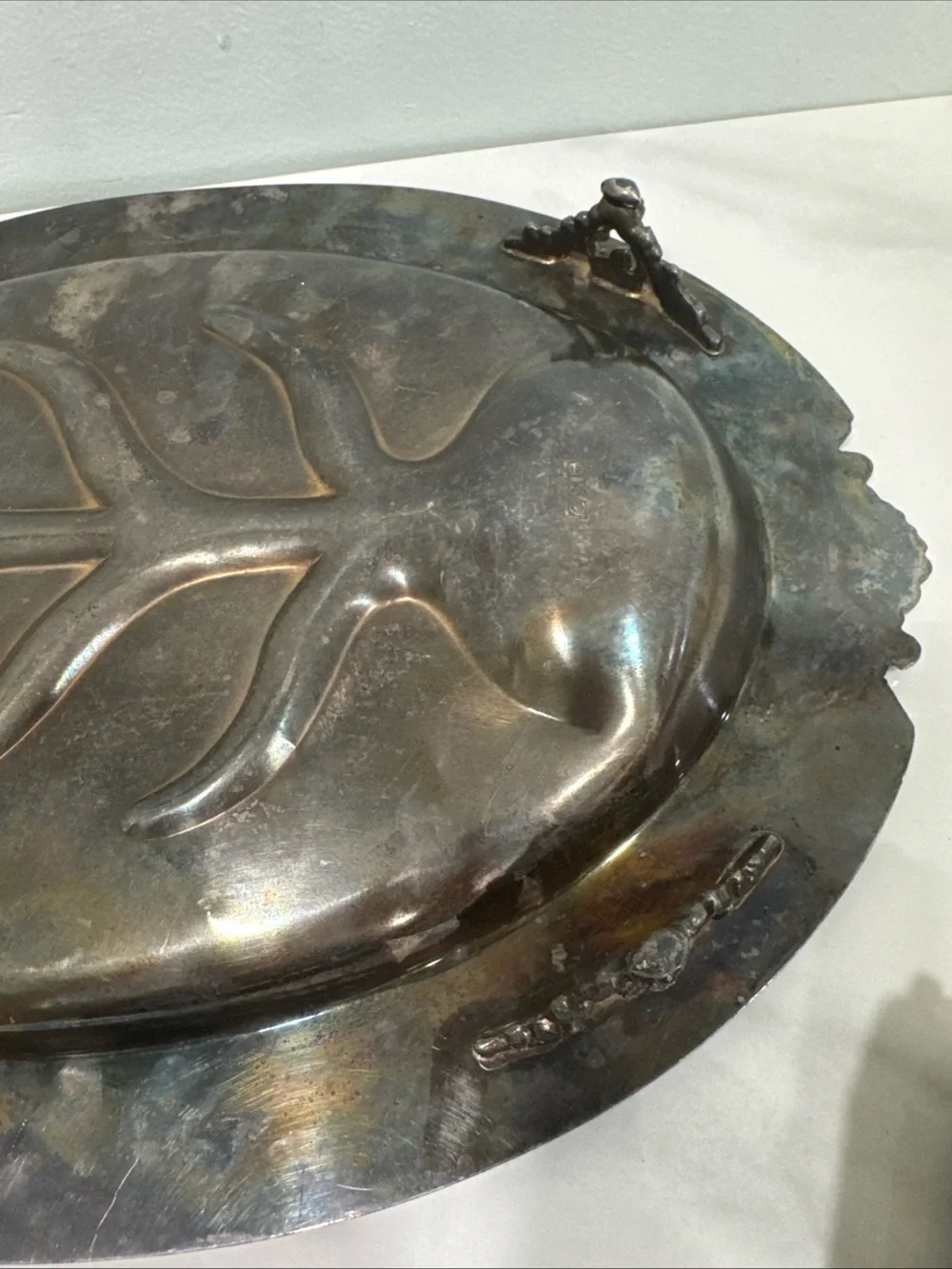 Silver-copper  Decorative Oval Serving Tray with Leaf Motif,  vintage